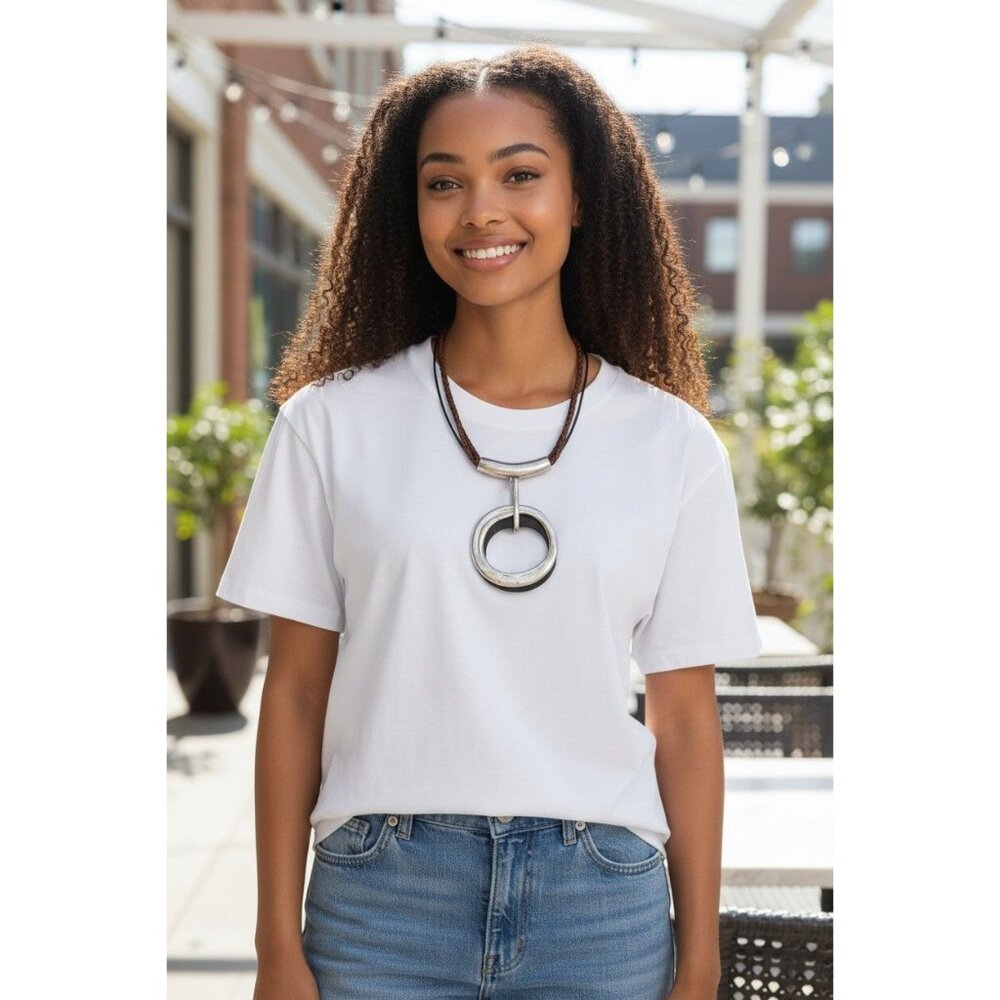 Chico's Handmade Brown Leather & Silver-Tone Circle Pendant Necklace